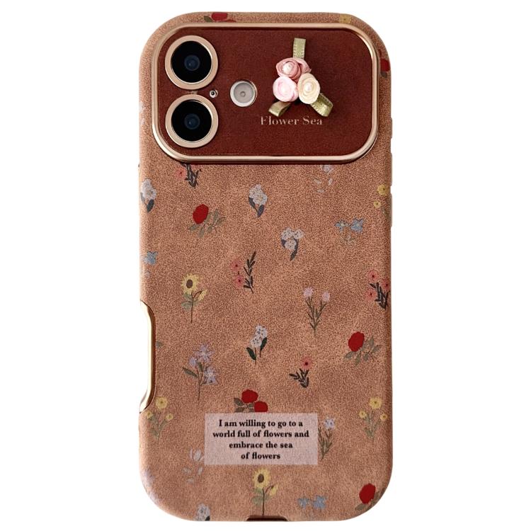For iPhone 16 Large Window Desert Gold Small Floral Soft TPU Phone Case(3D Ribbon Flowers)