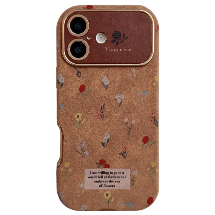 For iPhone 16 Large Window Desert Gold Small Floral Soft TPU Phone Case(Black Rose)