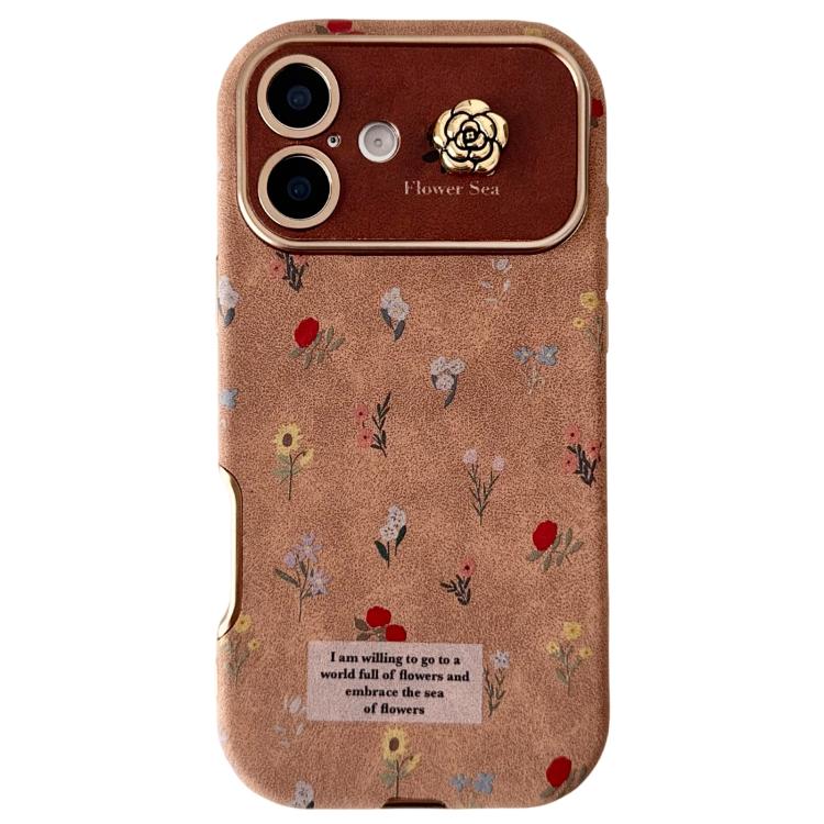 For iPhone 16 Large Window Desert Gold Small Floral Soft TPU Phone Case(Gold Camellia)