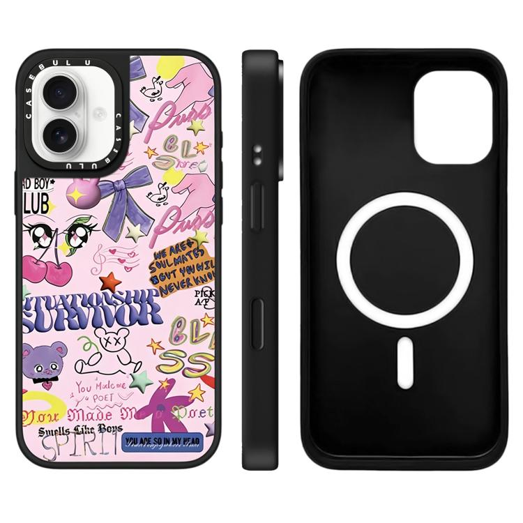 For iPhone 16 Leopard Cherry Series Pattern Mirror Magnetic Phone Case(Cartoon Graffiti)