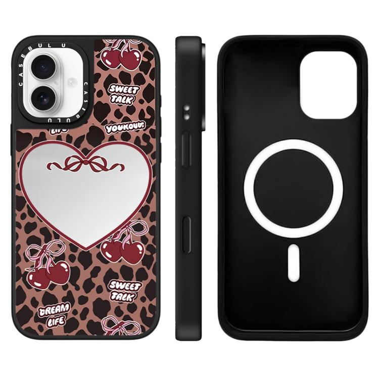 For iPhone 16 Leopard Cherry Series Pattern Mirror Magnetic Phone Case(Cherry Leopard)