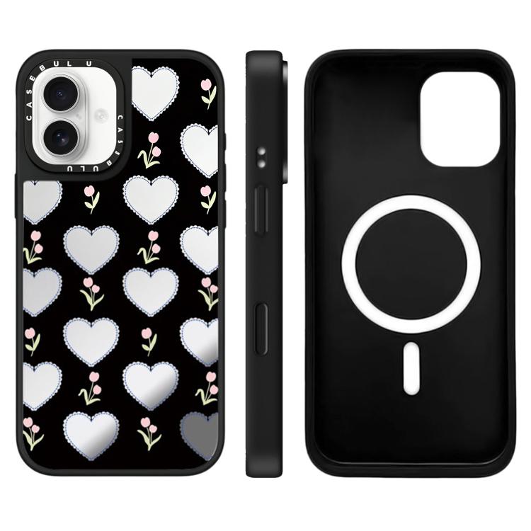 For iPhone 16 Leopard Cherry Series Pattern Mirror Magnetic Phone Case(Hearts Flower)