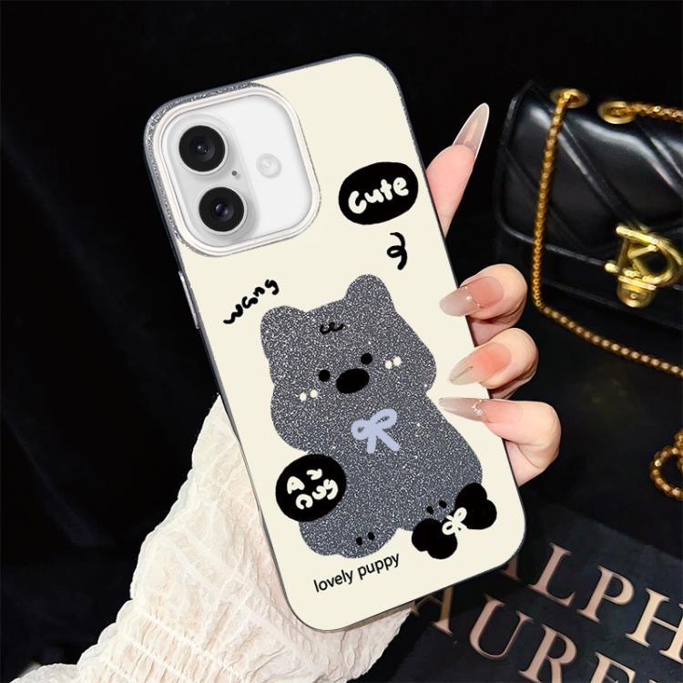 For iPhone 16 Lovely Puppy Pattern IMD Glitter PC Hybrid TPU Phone Case(Black)