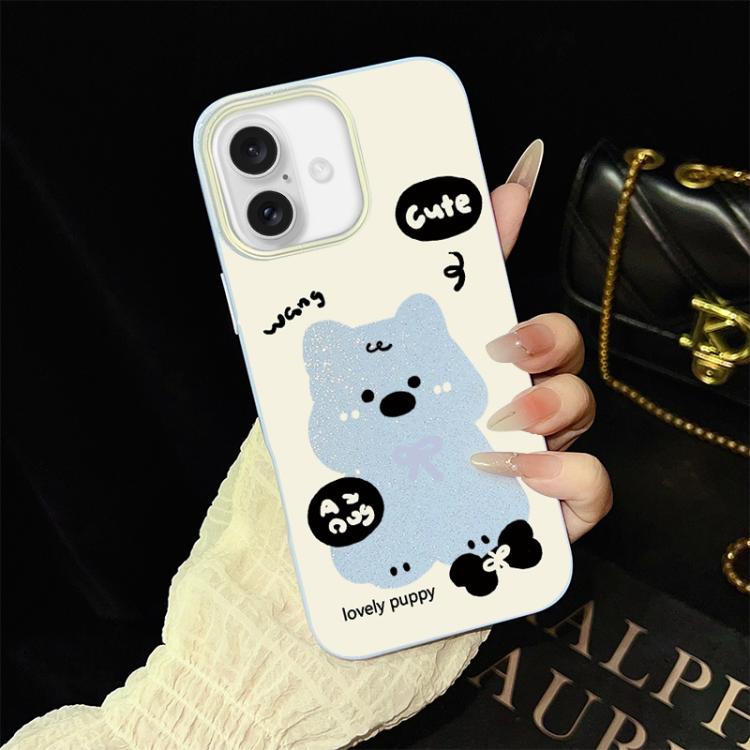 For iPhone 16 Lovely Puppy Pattern IMD Glitter PC Hybrid TPU Phone Case(Blue)
