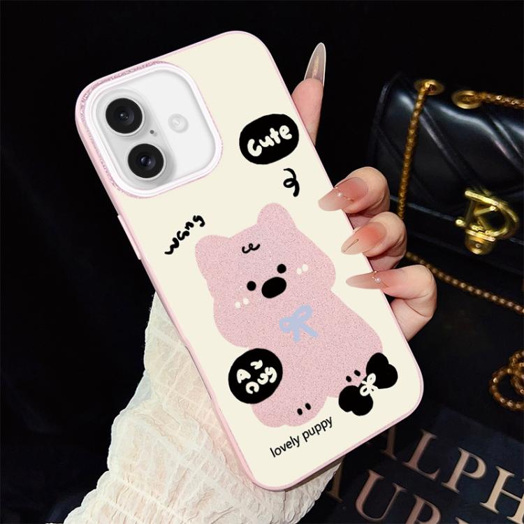 For iPhone 16 Lovely Puppy Pattern IMD Glitter PC Hybrid TPU Phone Case(Pink)