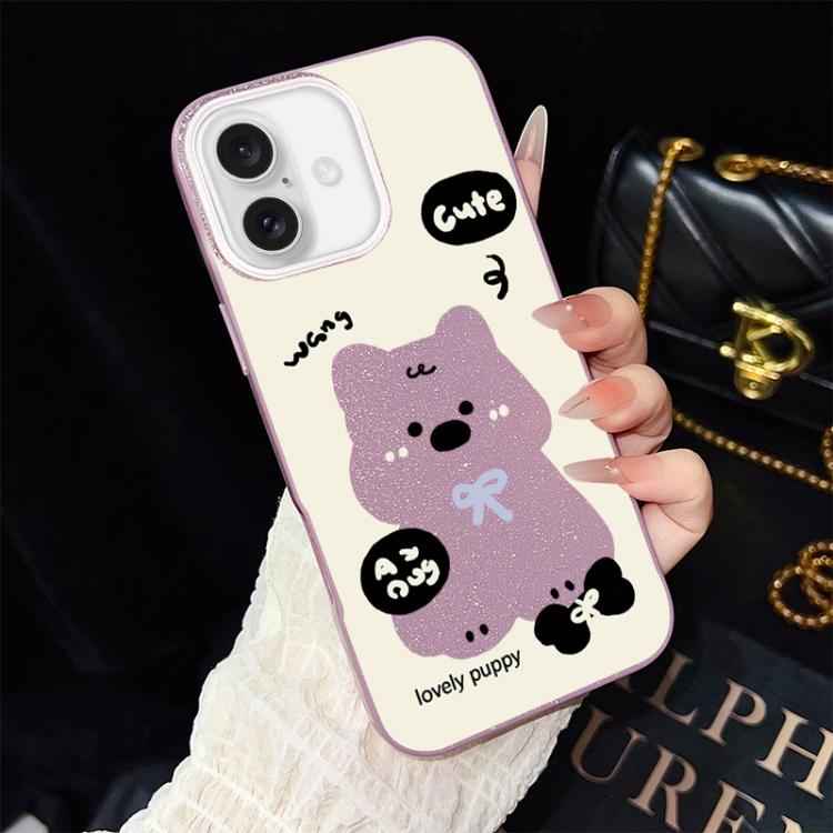 For iPhone 16 Lovely Puppy Pattern IMD Glitter PC Hybrid TPU Phone Case(Purple)