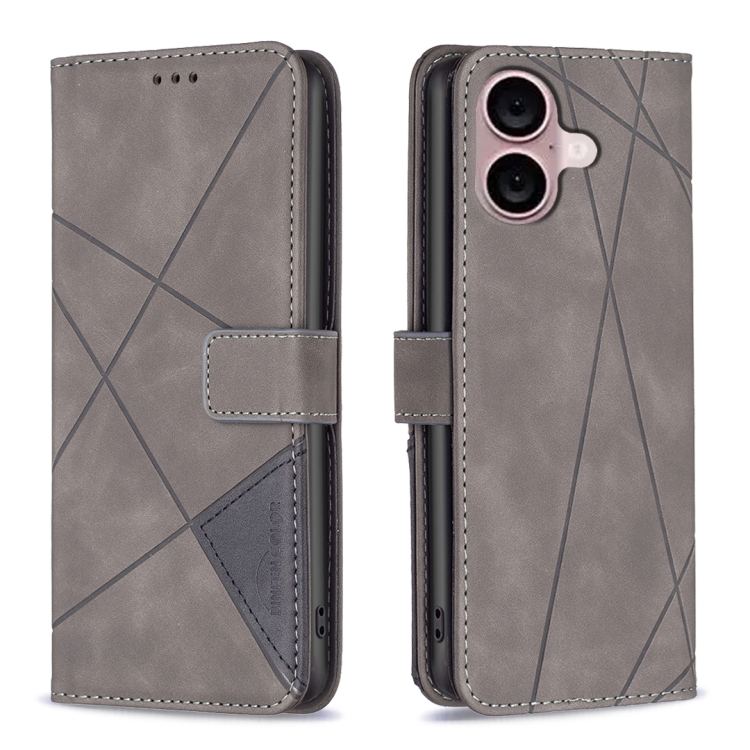 For iPhone 16 Magnetic Buckle Rhombus Texture Leather Phone Case(Grey)