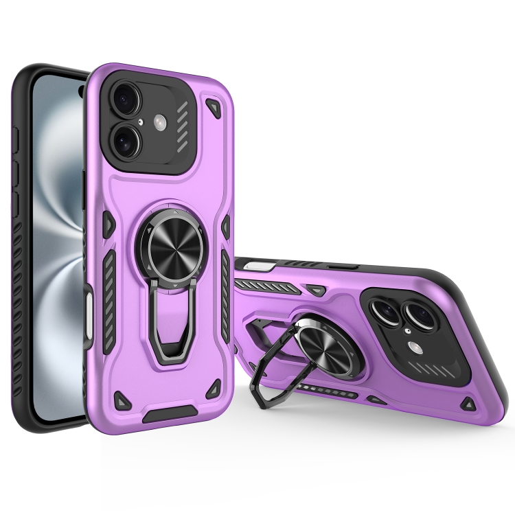 For iPhone 16 Metal Rotating Bracket TPU + PC Magnetic Phone Case(Purple)