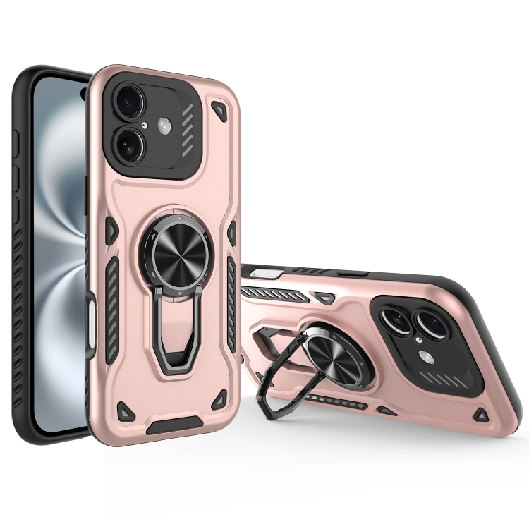 For iPhone 16 Metal Rotating Bracket TPU + PC Magnetic Phone Case(Rose Gold)
