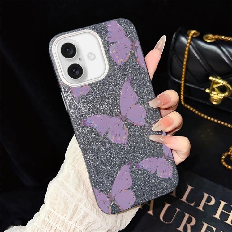 For iPhone 16 Minimalist Purple Butterflies Pattern IMD Glitter PC Hybrid TPU Phone Case(Black)