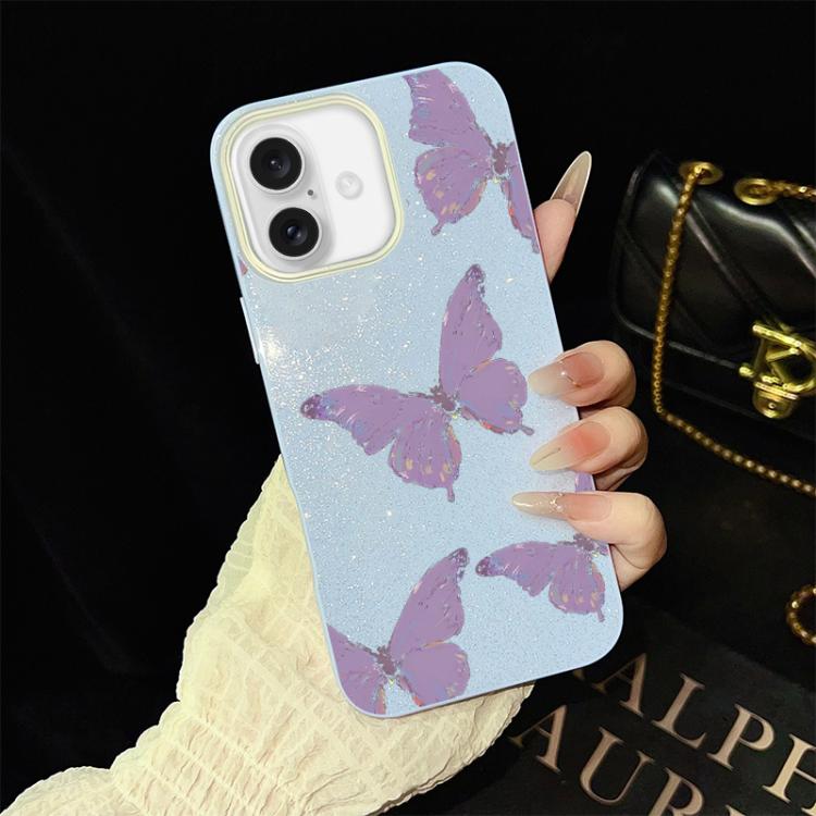 For iPhone 16 Minimalist Purple Butterflies Pattern IMD Glitter PC Hybrid TPU Phone Case(Blue)