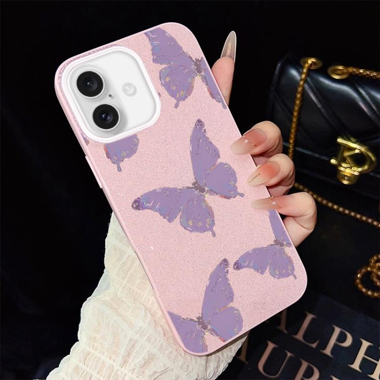 For iPhone 16 Minimalist Purple Butterflies Pattern IMD Glitter PC Hybrid TPU Phone Case(Pink)