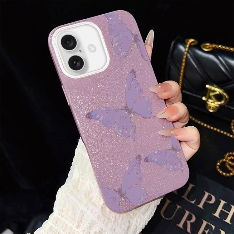 For iPhone 16 Minimalist Purple Butterflies Pattern IMD Glitter PC Hybrid TPU Phone Case(Purple)