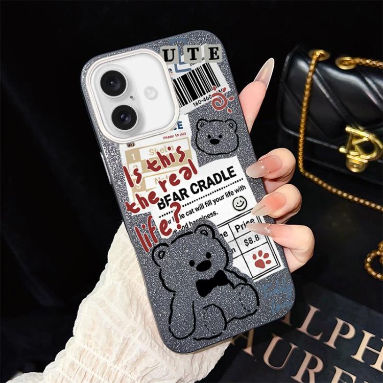 For iPhone 16 Newspaper Bear Pattern IMD Glitter PC Hybrid TPU Phone Case(Black)