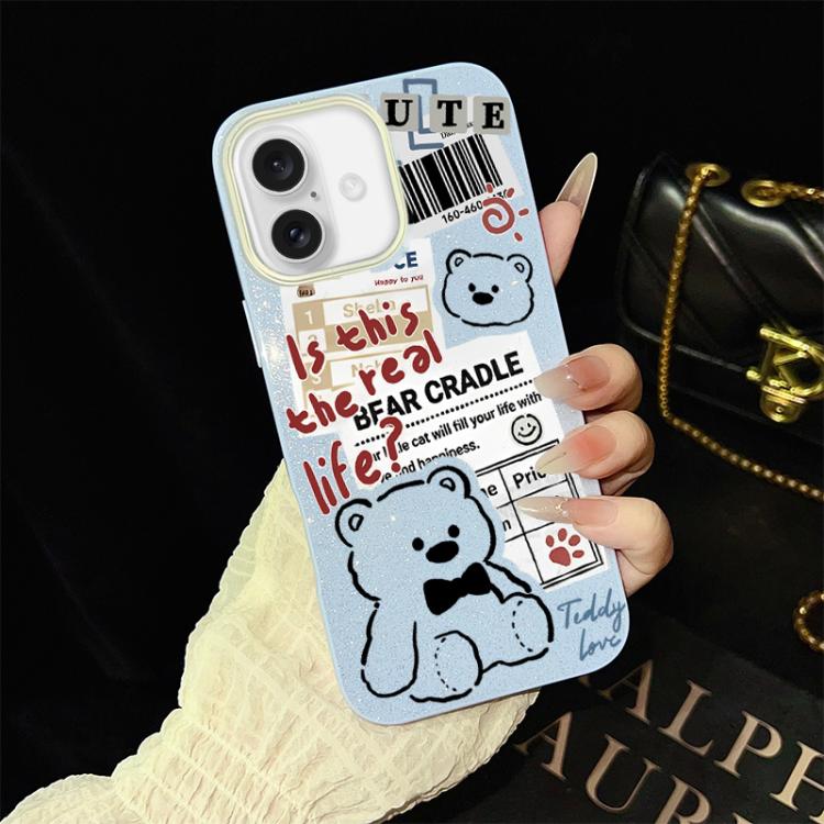 For iPhone 16 Newspaper Bear Pattern IMD Glitter PC Hybrid TPU Phone Case(Blue)