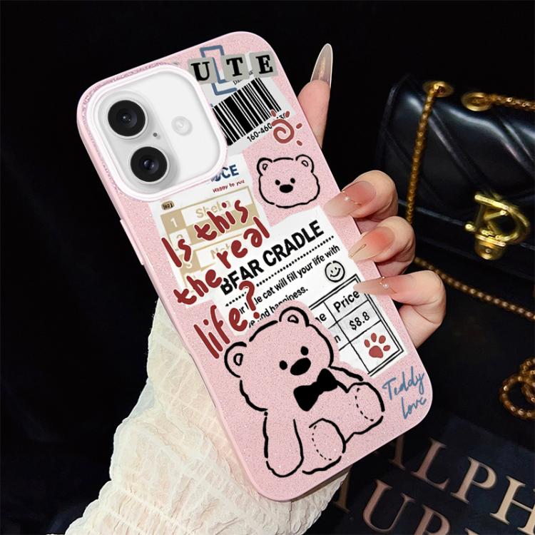 For iPhone 16 Newspaper Bear Pattern IMD Glitter PC Hybrid TPU Phone Case(Pink)