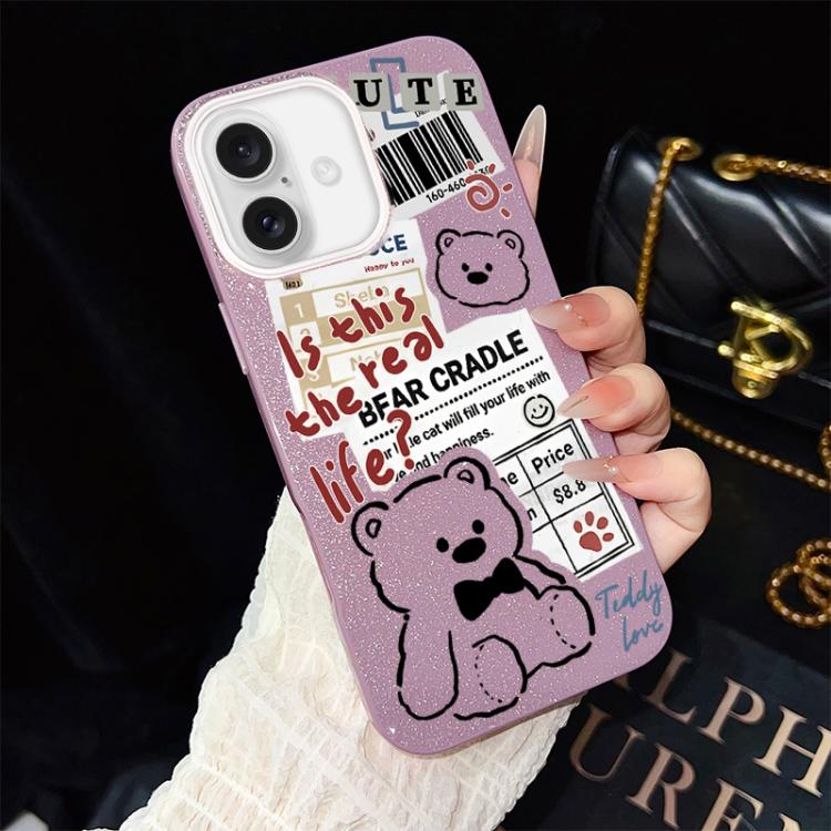 For iPhone 16 Newspaper Bear Pattern IMD Glitter PC Hybrid TPU Phone Case(Purple)