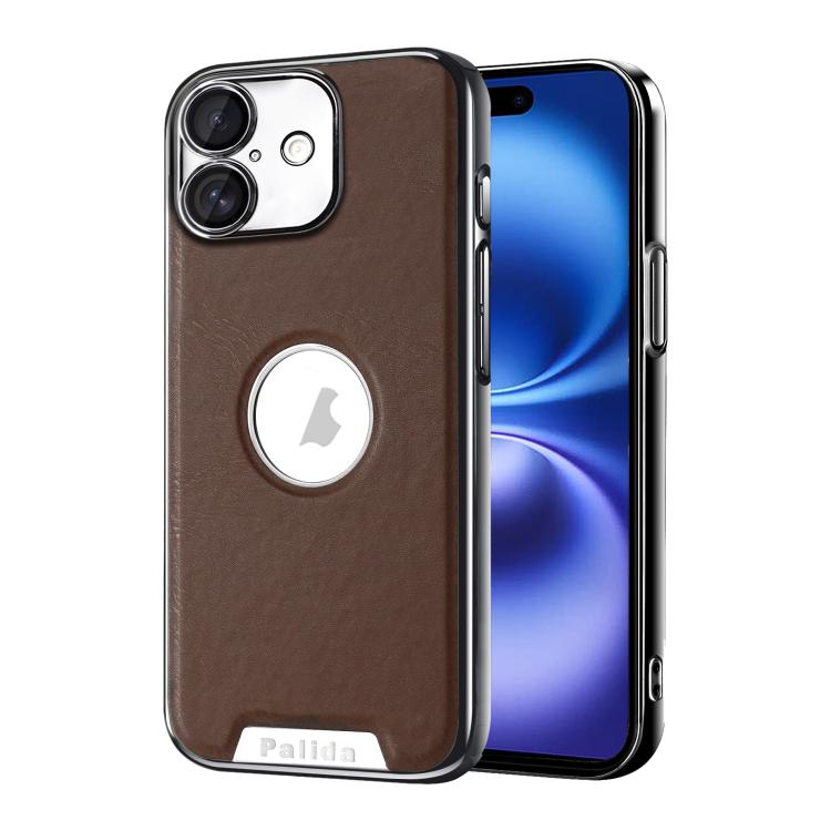 For iPhone 16 Palida Electroplated Mecha-Style Vegan Leather Shockproof Phone Case(Brown)