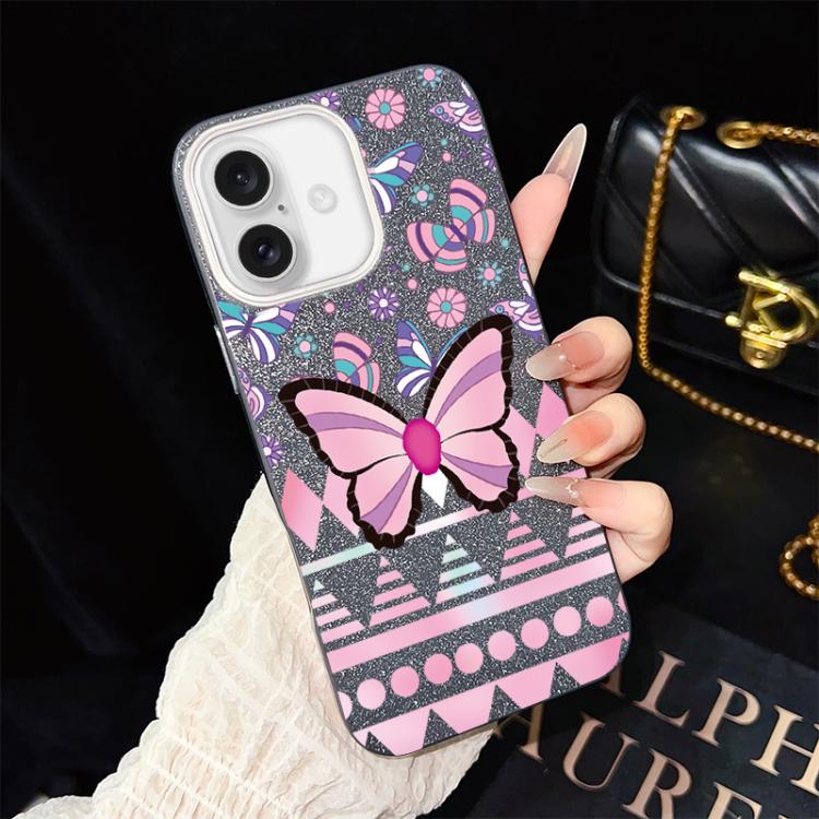 For iPhone 16 Pink Butterfly Pattern IMD Glitter PC Hybrid TPU Phone Case(Black)