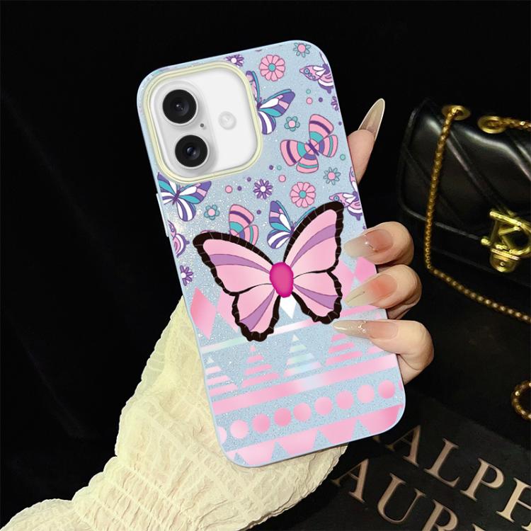 For iPhone 16 Pink Butterfly Pattern IMD Glitter PC Hybrid TPU Phone Case(Blue)