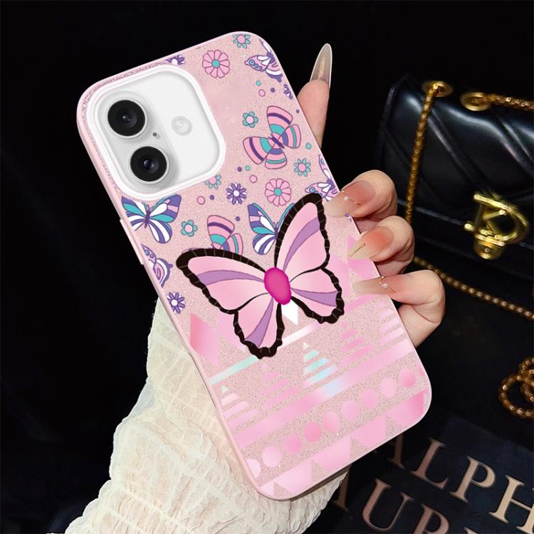 For iPhone 16 Pink Butterfly Pattern IMD Glitter PC Hybrid TPU Phone Case(Pink)