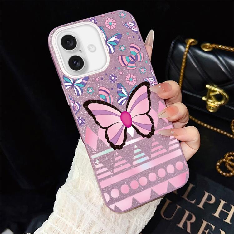 For iPhone 16 Pink Butterfly Pattern IMD Glitter PC Hybrid TPU Phone Case(Purple)