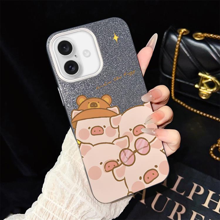 For iPhone 16 Pink Pig Pattern IMD Glitter PC Hybrid TPU Phone Case(Black)