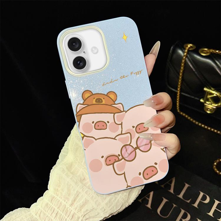For iPhone 16 Pink Pig Pattern IMD Glitter PC Hybrid TPU Phone Case(Blue)