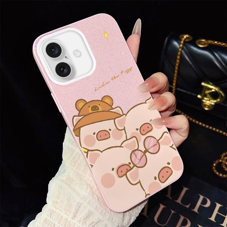 For iPhone 16 Pink Pig Pattern IMD Glitter PC Hybrid TPU Phone Case(Pink)