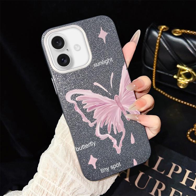 For iPhone 16 Pink Stars Butterfly Pattern IMD Glitter PC Hybrid TPU Phone Case(Black)