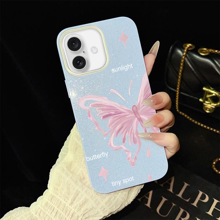 For iPhone 16 Pink Stars Butterfly Pattern IMD Glitter PC Hybrid TPU Phone Case(Blue)
