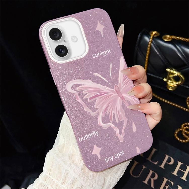 For iPhone 16 Pink Stars Butterfly Pattern IMD Glitter PC Hybrid TPU Phone Case(Purple)