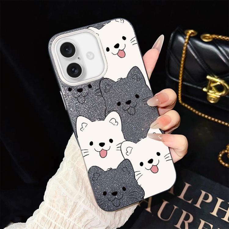 For iPhone 16 Playful Tongue-Out Puppy Pattern IMD Glitter PC Hybrid TPU Phone Case(Black)