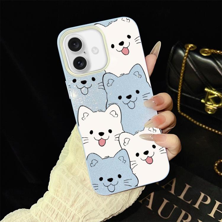 For iPhone 16 Playful Tongue-Out Puppy Pattern IMD Glitter PC Hybrid TPU Phone Case(Blue)
