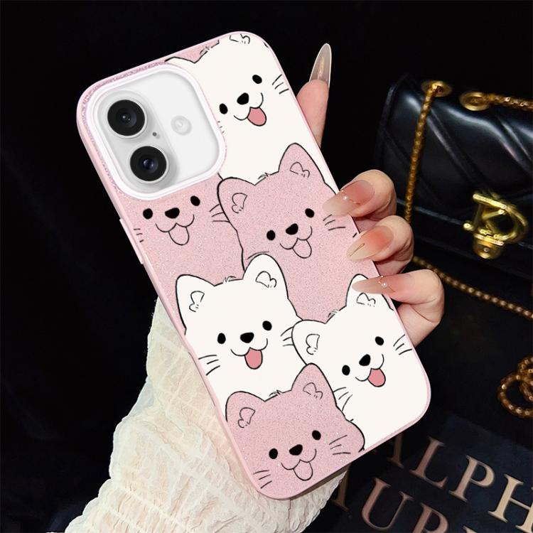 For iPhone 16 Playful Tongue-Out Puppy Pattern IMD Glitter PC Hybrid TPU Phone Case(Pink)