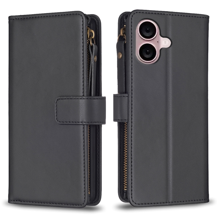 For iPhone 16 Plus 9 Card Slots Zipper Wallet Leather Flip Phone Case(Black)