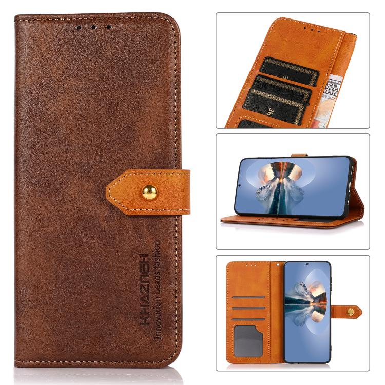 For iPhone 16 Plus KHAZNEH Dual-color Cowhide Texture Flip Leather Phone Case(Brown)