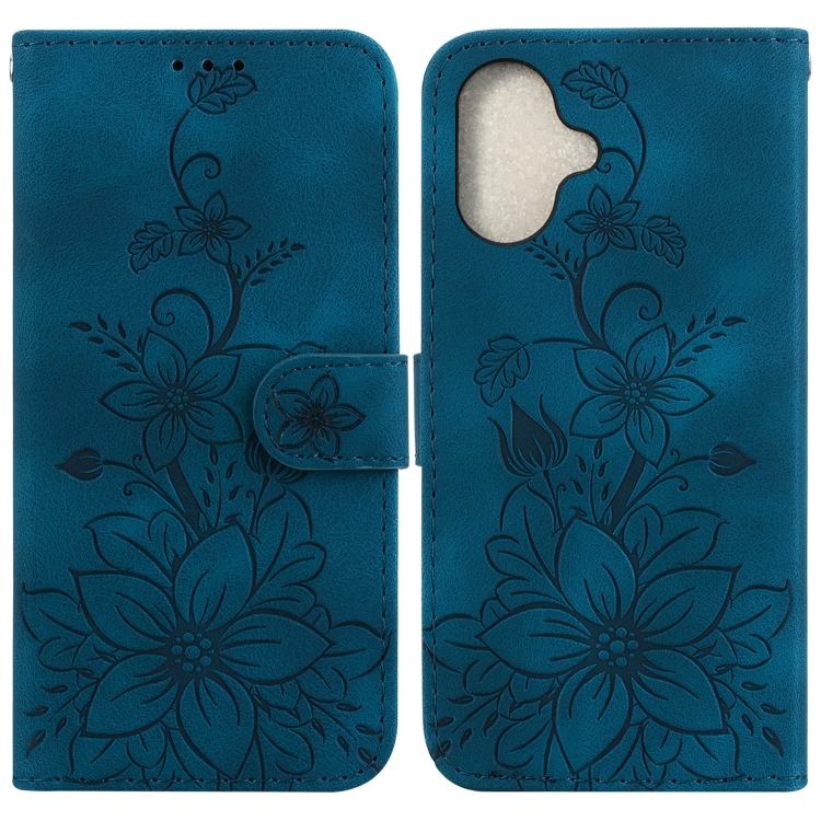 For iPhone 16 Plus Lily Embossed Leather Phone Case(Dark Blue)