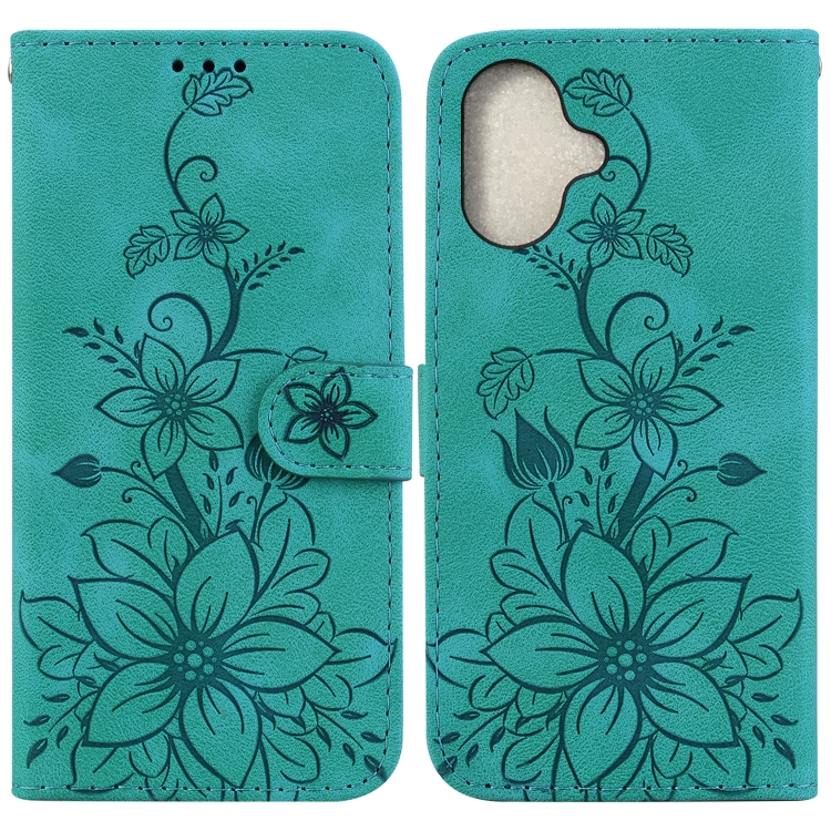 For iPhone 16 Plus Lily Embossed Leather Phone Case(Green)
