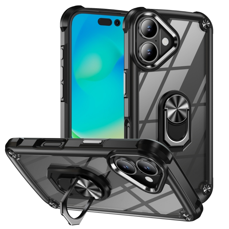 For iPhone 16 Plus TPU + PC Lens Protection Phone Case with Ring Holder(Black)