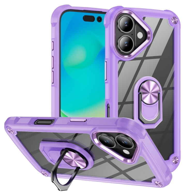 For iPhone 16 Plus TPU + PC Lens Protection Phone Case with Ring Holder(Purple)
