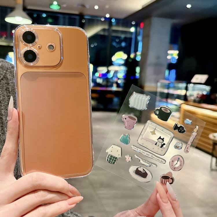 For iPhone 16 Precise Hole Shockproof Clear PC Phone Case with Resin Sticker(Alarm Clock Kitten)