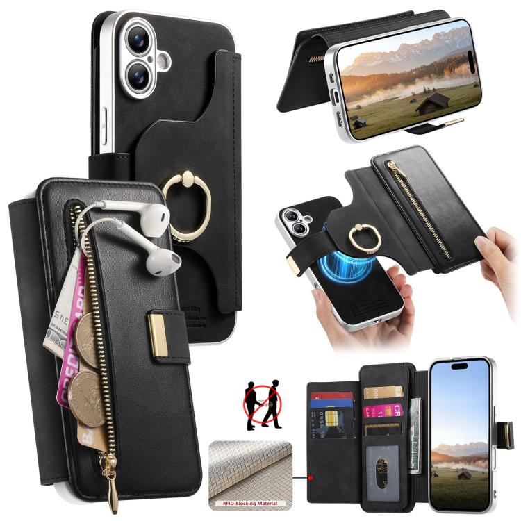 For iPhone 16 Precision Hole Silver-Edged Ring RFID Blocking Zipper Wallet Magnetic Vegan Leather Phone Case(Black)