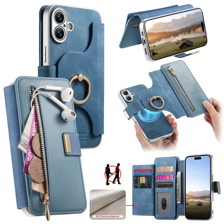 For iPhone 16 Precision Hole Silver-Edged Ring RFID Blocking Zipper Wallet Magnetic Vegan Leather Phone Case(Blue)