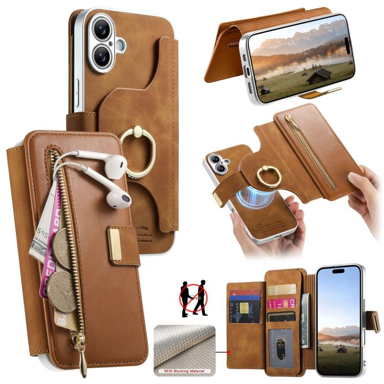 For iPhone 16 Precision Hole Silver-Edged Ring RFID Blocking Zipper Wallet Magnetic Vegan Leather Phone Case(Brown)