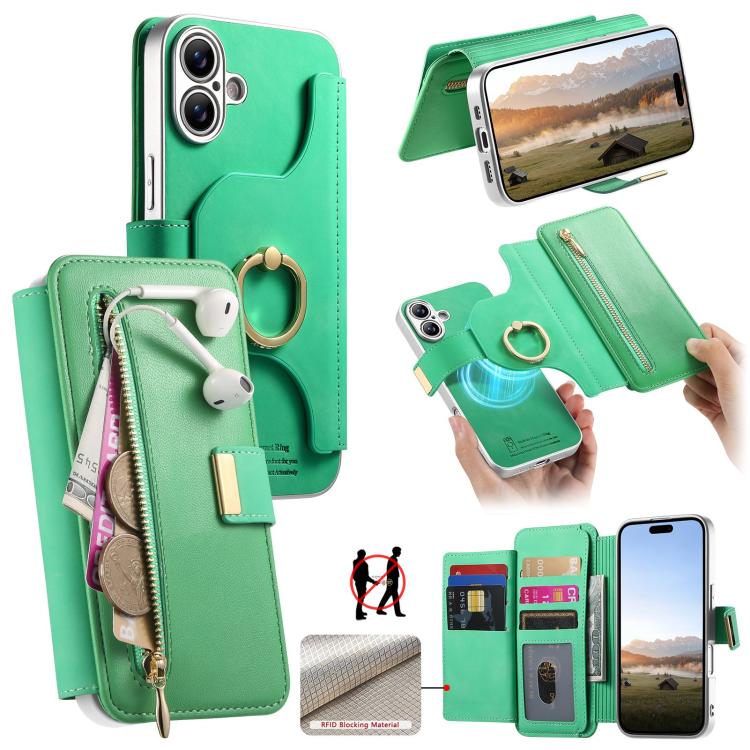 For iPhone 16 Precision Hole Silver-Edged Ring RFID Blocking Zipper Wallet Magnetic Vegan Leather Phone Case(Green)