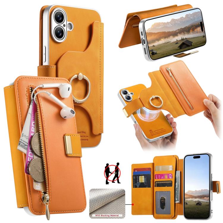 For iPhone 16 Precision Hole Silver-Edged Ring RFID Blocking Zipper Wallet Magnetic Vegan Leather Phone Case(Orange)