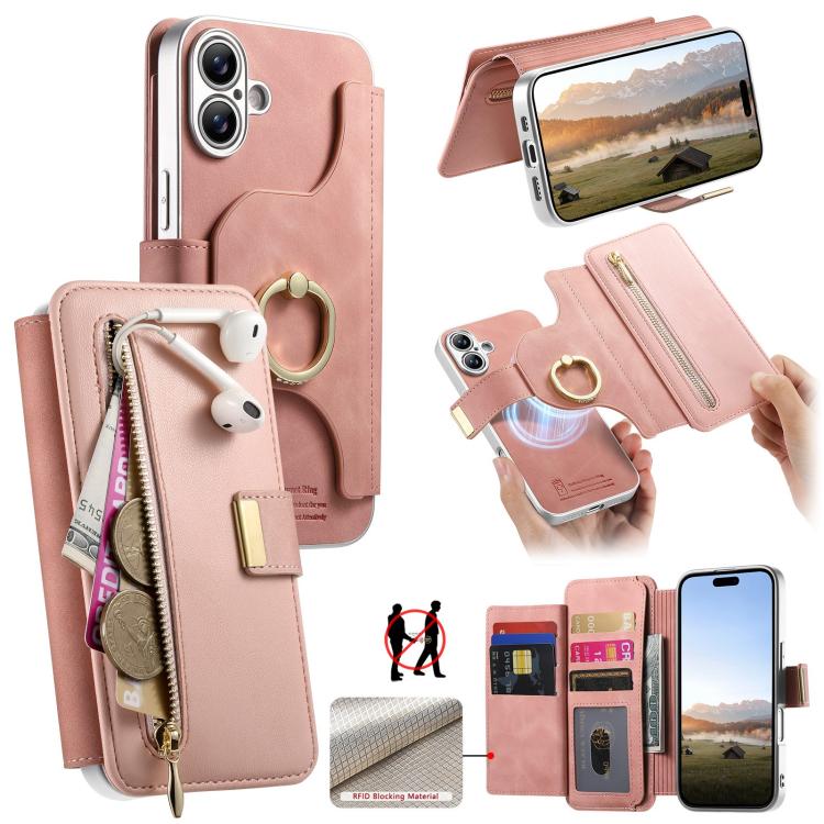 For iPhone 16 Precision Hole Silver-Edged Ring RFID Blocking Zipper Wallet Magnetic Vegan Leather Phone Case(Pink)