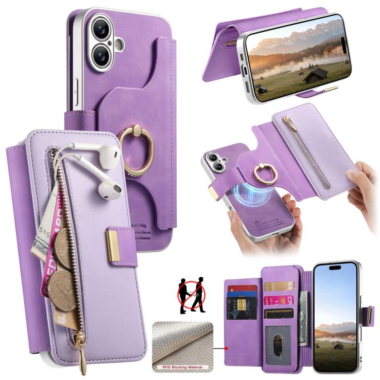For iPhone 16 Precision Hole Silver-Edged Ring RFID Blocking Zipper Wallet Magnetic Vegan Leather Phone Case(Purple)