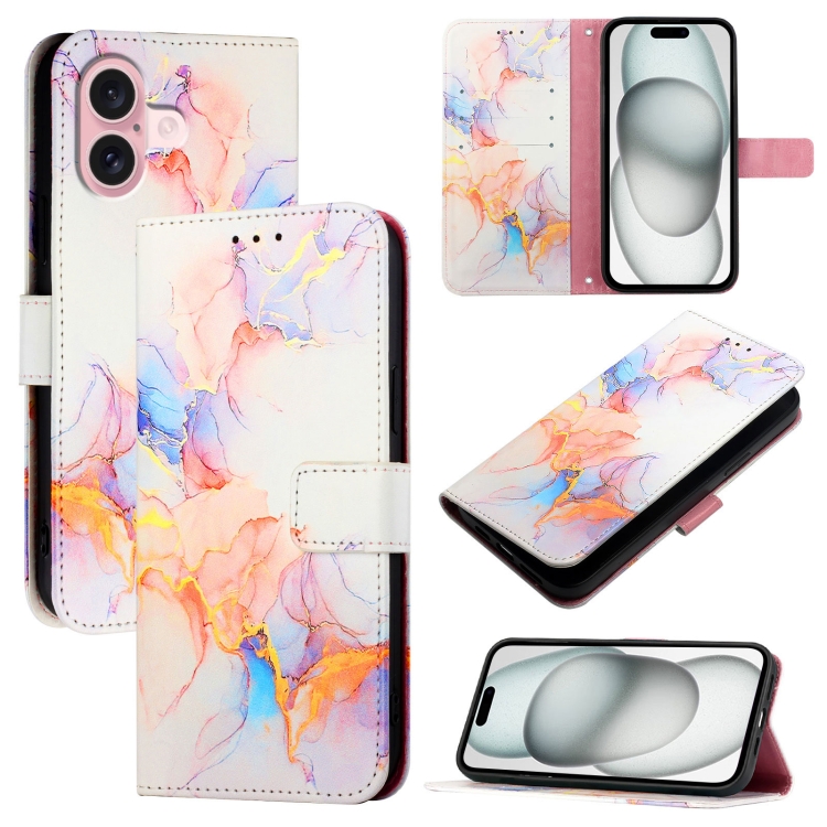 For iPhone 16 PT003 Marble Pattern Flip Leather Phone Case(Galaxy Marble White)